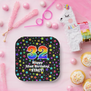 Assiettes En Carton 32e anniversaire : Fun Stars Motif et Rainbow "32"