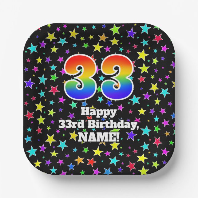 Assiettes En Carton 33e anniversaire : Fun Stars Motif et Rainbow "33" (Recto)