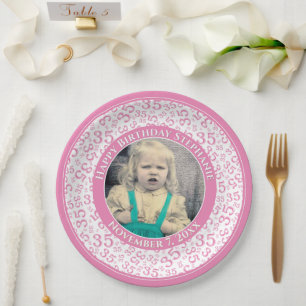 Assiettes En Carton 35 Votre photo Numéro Aléatoire Motif Rose/Blanc