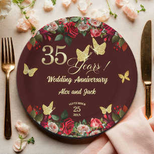 Assiettes En Carton 35e anniversaire de mariage Élégant floral or 