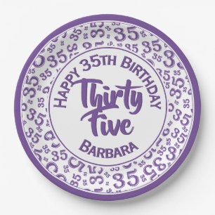 Assiettes En Carton 35e anniversaire Numéro de fête Motif violet/blanc