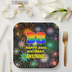 Assiettes En Carton 38e anniversaire : Feu d'artifice coloré et amusan