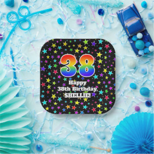 Assiettes En Carton 38e anniversaire : Fun Stars Motif et Rainbow "38"