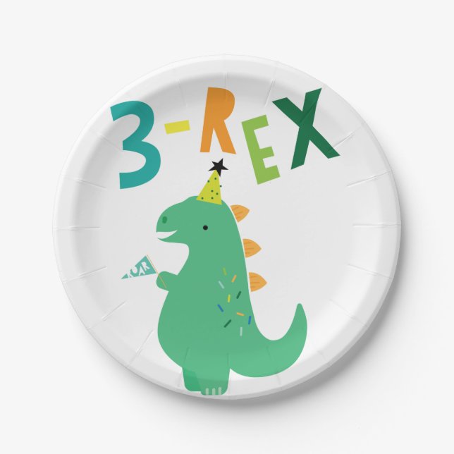 Assiettes En Carton 3-Rex Dinosaur 3e Fête d'anniversaire Plaques (Devant)