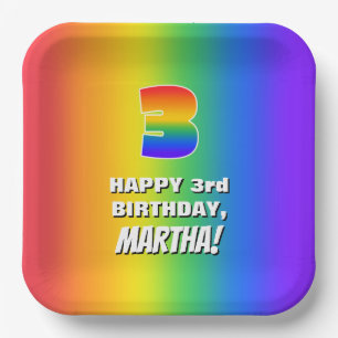 Assiettes En Carton 3e anniversaire : motif arc-en-ciel coloré et amus
