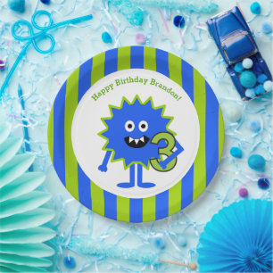 Assiettes En Carton 3e anniversaire Petit Monstre Bleu Vert Garçon mig