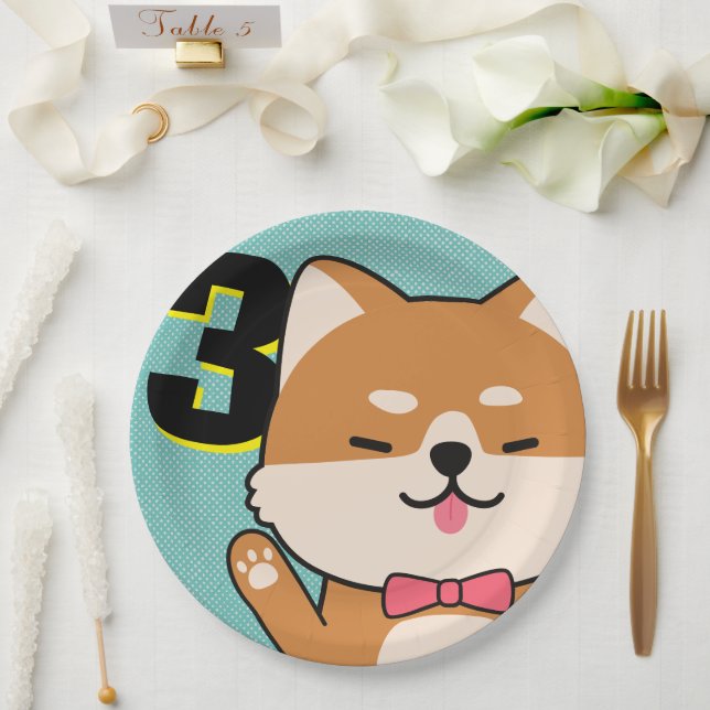 Assiettes En Carton 3ème anniversaire de fête Cute Shiba Inu Puppy Aik (Mariage)