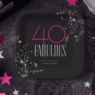 Assiettes En Carton 40 ans et Fabuleux Anniversaire Noir Rose Paillett