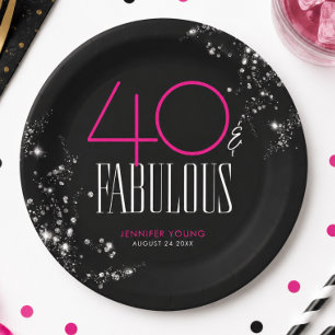Assiettes En Carton 40 ans et Fabuleux Anniversaire Noir Rose Paillett