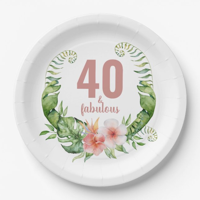 Assiettes En Carton 40 ans et fabuleux script floral rose floral (Devant)