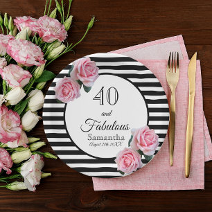 Assiettes En Carton 40 fabuleux anniversaire noir rayures rose florale