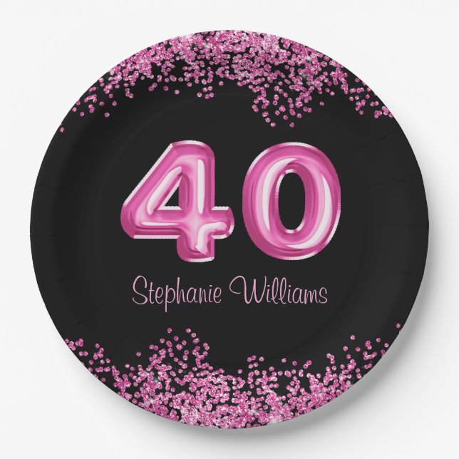 Assiettes En Carton 40e anniversaire Black Pink Balloons Faux Parties  (Devant)