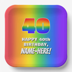 Assiettes En Carton 40e anniversaire : coloré, amusant Motif arc-en-ci