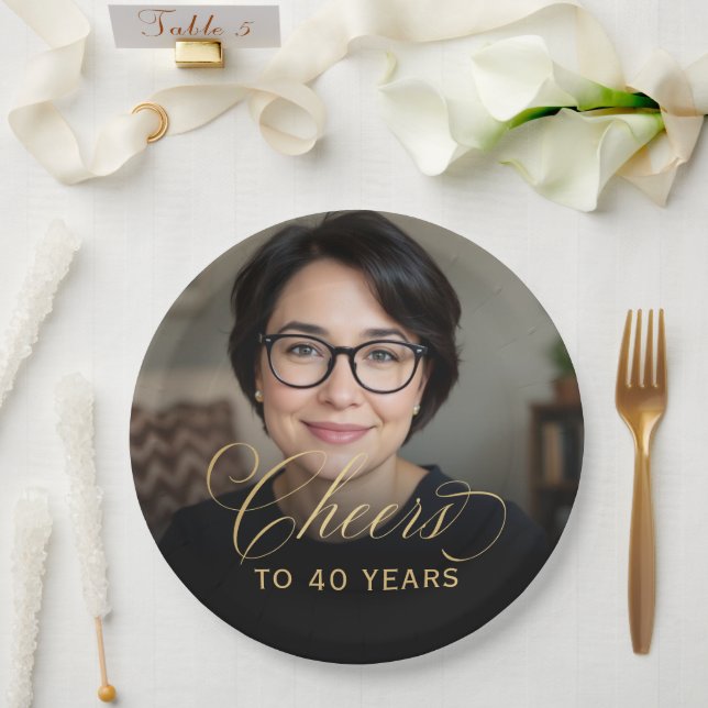 Assiettes En Carton 40e anniversaire de fête Photo Gold Script Cheers (Mariage)