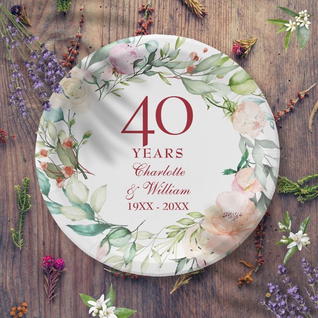Assiettes En Carton 40e anniversaire de Mariage de Ruby Chic Roses Flo (40th Ruby Wedding Anniversary Chic Roses Floral Paper Plates)