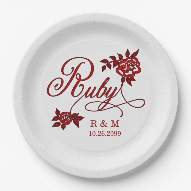 Assiettes En Carton 40e anniversaire de rubis avec date et initiales (Devant)