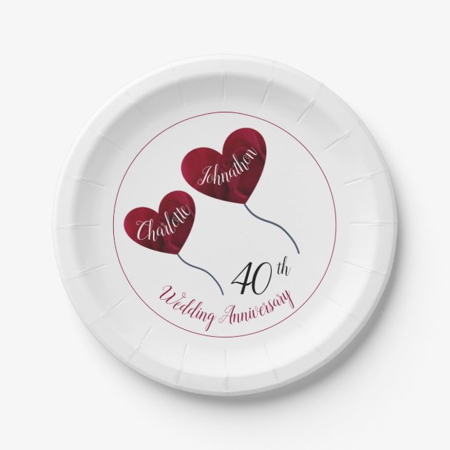 Assiettes En Carton 40e anniversaire de rubis mariage coeur rouge (Devant)