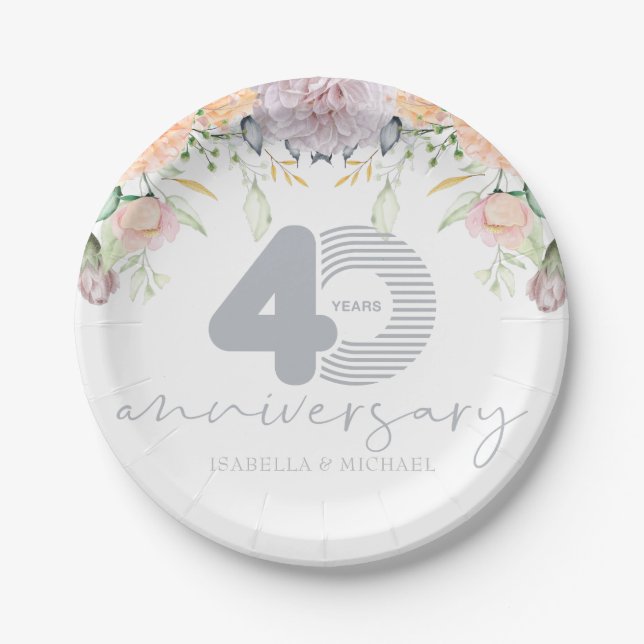 Assiettes En Carton 40e anniversaire du Mariage personnalisé Floral (Devant)