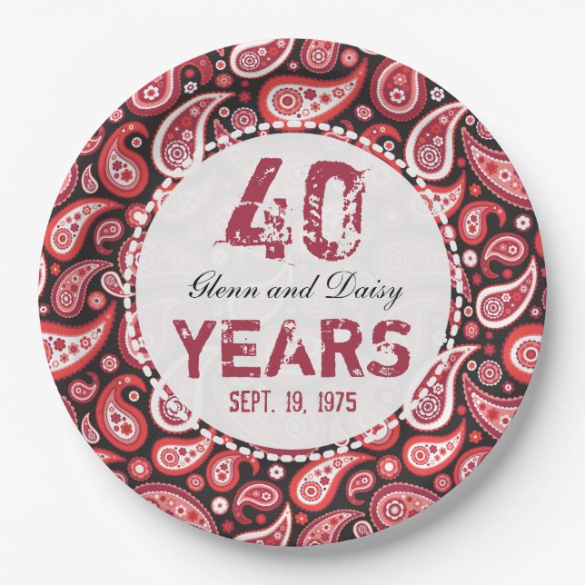 Assiettes En Carton 40e anniversaire du Mariage Ruby Motif Paisley (Devant)