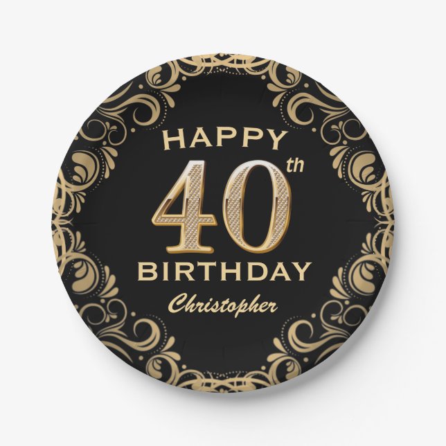 Assiettes En Carton 40e anniversaire Parties scintillant noir et or ca (Devant)