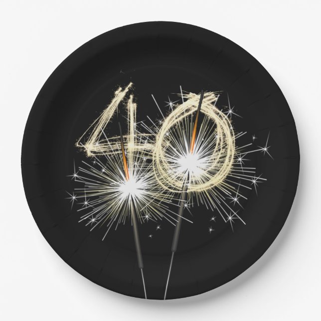 Assiettes En Carton 40e anniversaire Sparklers de fête sur noir (Devant)