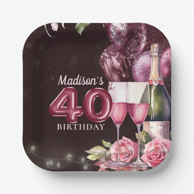 Assiettes En Carton 40e Anniversaire Vin & Ballons Personnalisé (Recto)