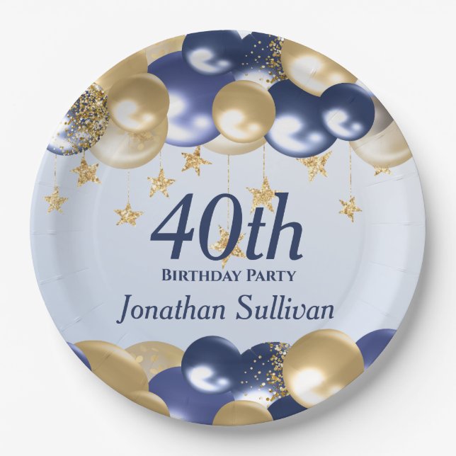 Assiettes En Carton 40th Birthday Navy Gold Balloons Party (Devant)