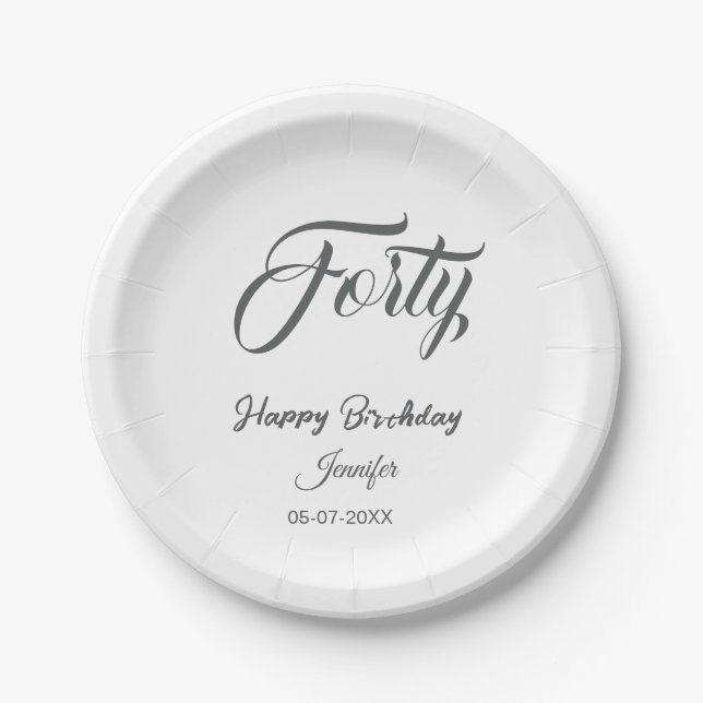 Assiettes En Carton 40th forty letterbirthday add name date year gray  (Devant)