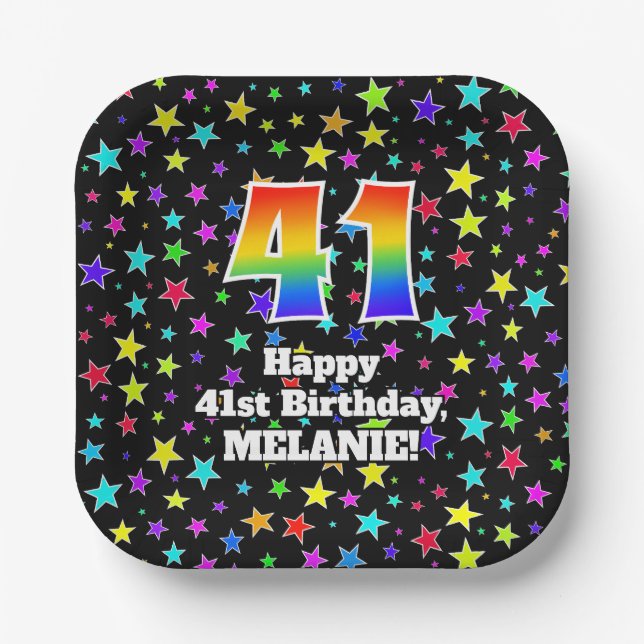 Assiettes En Carton 41e anniversaire : Fun Stars Motif et Rainbow "41" (Recto)