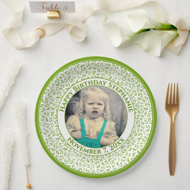 Assiettes En Carton 45 Your Photo Random Number Pattern Green/White (Mariage)