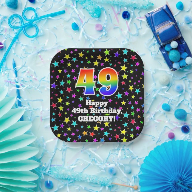 Assiettes En Carton 49th Birthday: Fun Stars Pattern and Rainbow “49” (Fête)