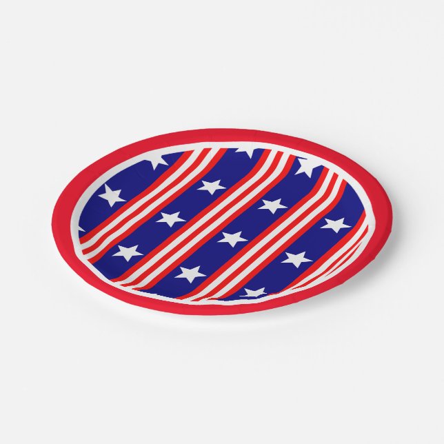 Assiettes En Carton 4 juillet Etoiles blanches et rayures rouges et bl (Angle)