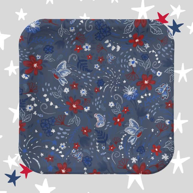 Assiettes En Carton 4 juillet, Indépendance Patriotique Rouge Bleu Ble (4th of July, Independence Day, Red White and Blue, Floral, Flowers, Hummingbirds, Butterflies, Bees)