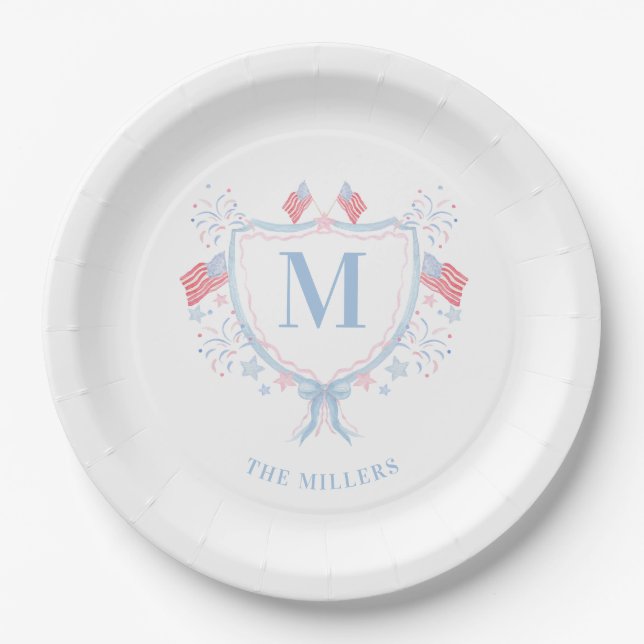 Assiettes En Carton 4 juillet Monogramme rouge, blanc et bleu (Devant)