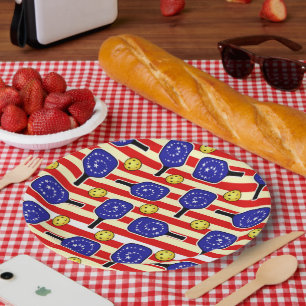 Assiettes En Carton 4 juillet Pickleball Rouge Blanc Bleu Jaune Ballon