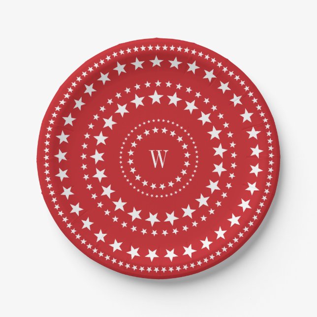 Assiettes En Carton 4 juillet Plaques en papier Monogramme Red Stars (Devant)