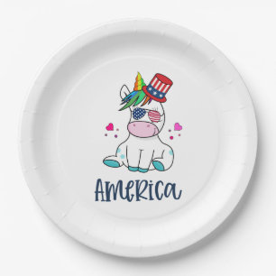 Assiettes En Carton 4 juillet Unicorne avec les États-Unis Drapeau lun
