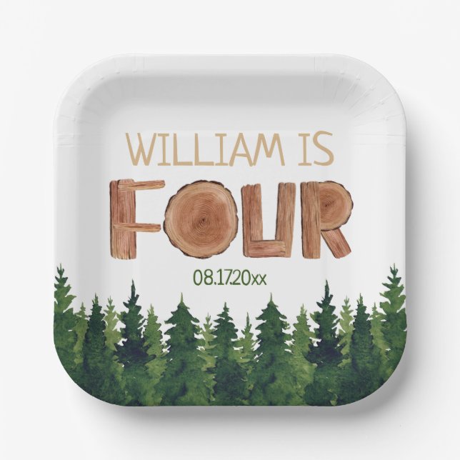 Assiettes En Carton 4e anniversaire Nom aquarelle Arbres verts (Recto)