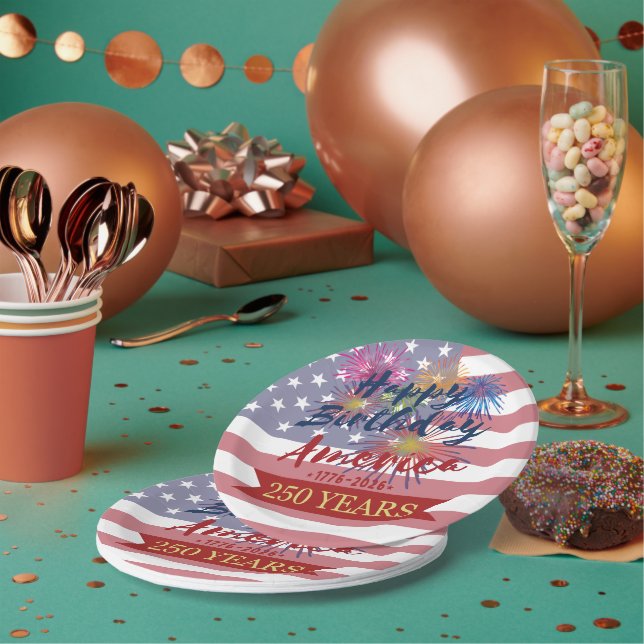 Assiettes En Carton 4th of July Happy Birthday America USA 250th (Multi)
