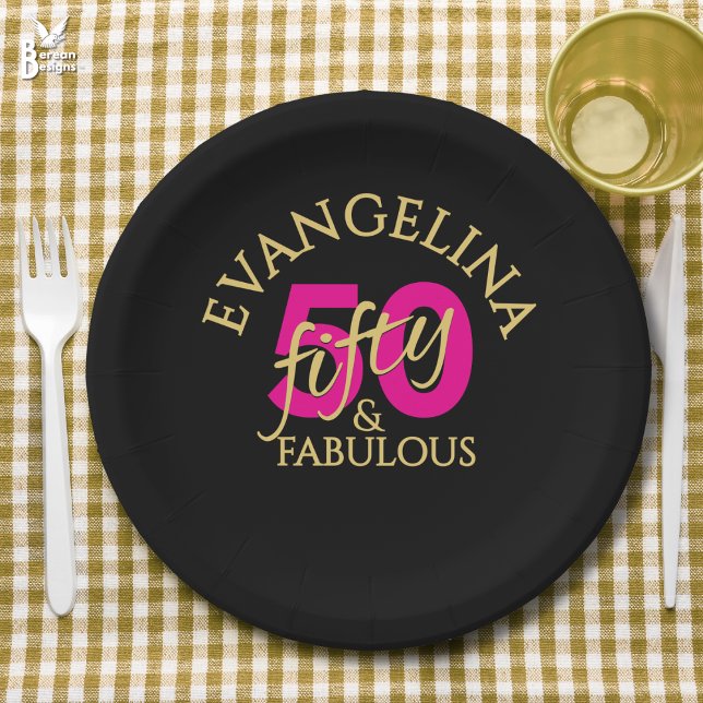 Assiettes En Carton 50 and Fabulous Custom Name Fiftieth Birthday (50 and Fabulous 50th birthday paper plate with custom name. Ideal for fiftieth birthday celebrations)