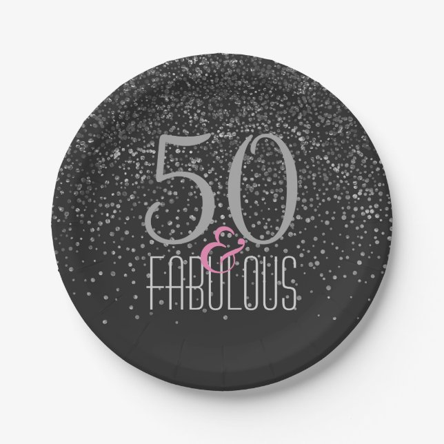 Assiettes En Carton 50 et anniversaire élégant noir fabuleux de (Devant)