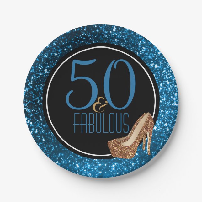 Assiettes En Carton 50 et cinquantième fête d'anniversaire d'or bleu (Devant)