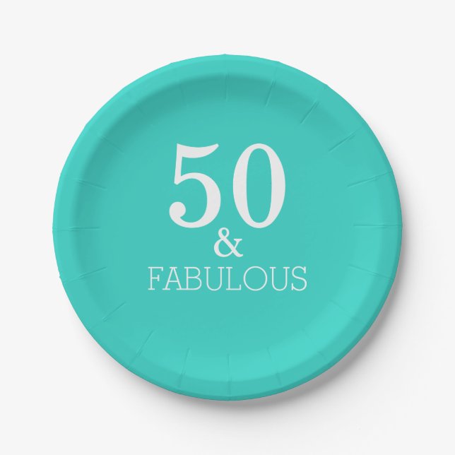 Assiettes En Carton 50 Et Fabuleux anniversaire Blanc Turquoise Bleu (Devant)