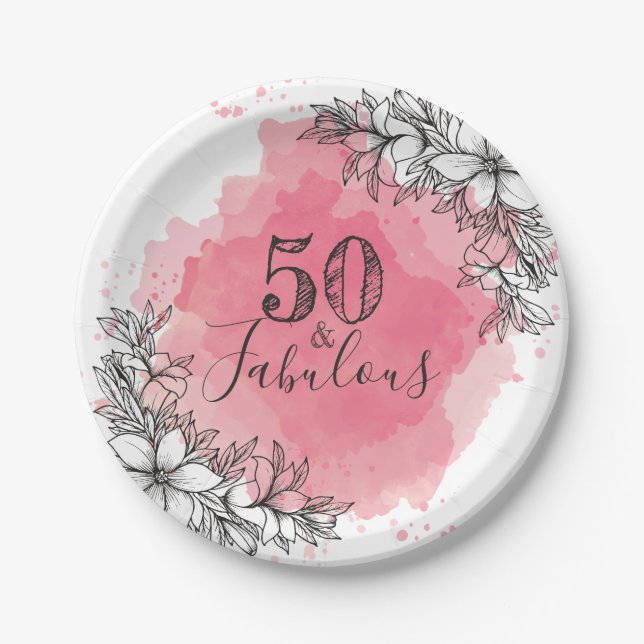 Assiettes En Carton 50 Et Fabuleux.Anniversaire. Fleurs en aquarelle. (Devant)