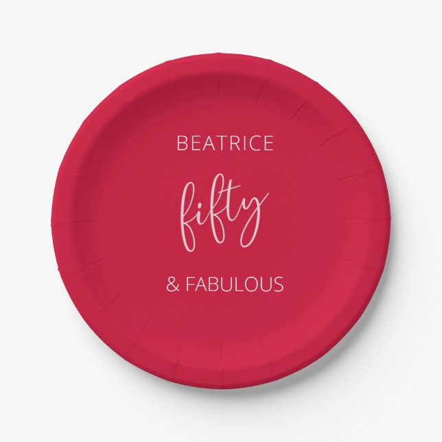 Assiettes En Carton 50 et fabuleux Anniversaire moderne Script rouge (Devant)