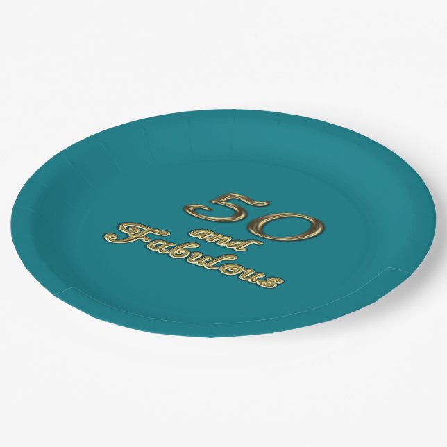 Assiettes En Carton 50 et fabuleux Anniversaire Or 50e Age Turquoise B (Angle)