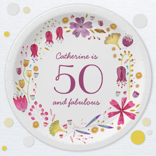 Assiettes En Carton 50 et Fabulous Aquarelle Nom floral Anniversaire