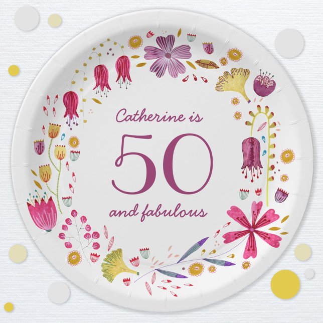 Assiettes En Carton 50 et Fabulous Aquarelle Nom floral Anniversaire (Fifty and fabulous birthday party personalized paper plate)