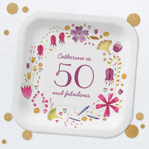 Assiettes En Carton 50 et Fabulous Aquarelle Nom floral Anniversaire