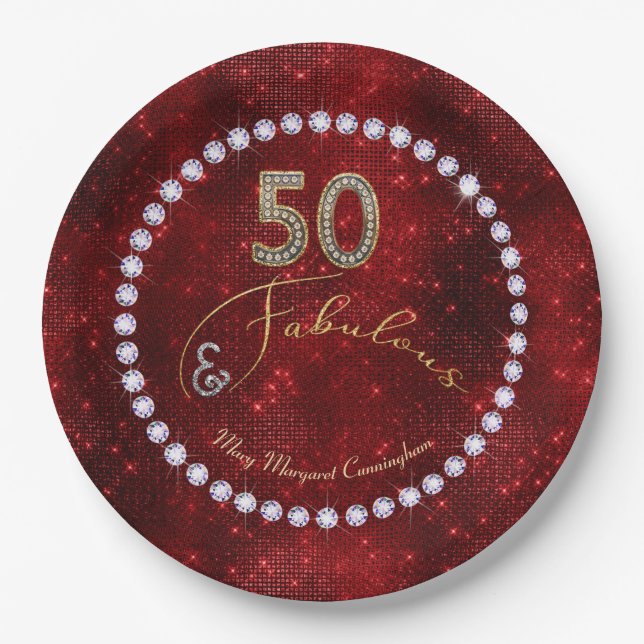 Assiettes En Carton 50 et Fabulous Red Sparkle 50e anniversaire (Devant)